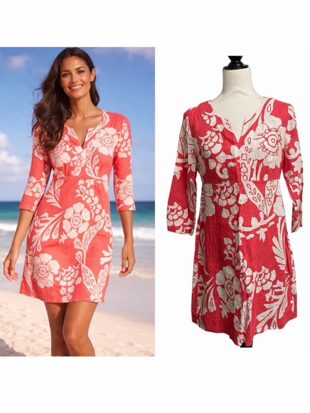 Boden Coral Ivory Floral 100% Linen Dress 12R 3/4 Sleeve Notch Neck